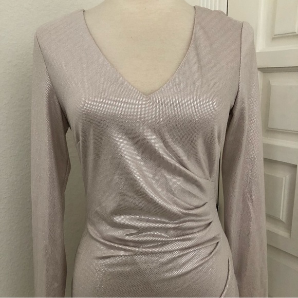 Guess Metallic Ruched Bodice V- Neck Long Sleeve Sheath Dress - Picture 5 of 11